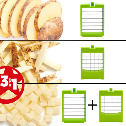 Starfrit Pro Fry Cutter & Cuber demonstrates the two-step mechanism for precise prep.