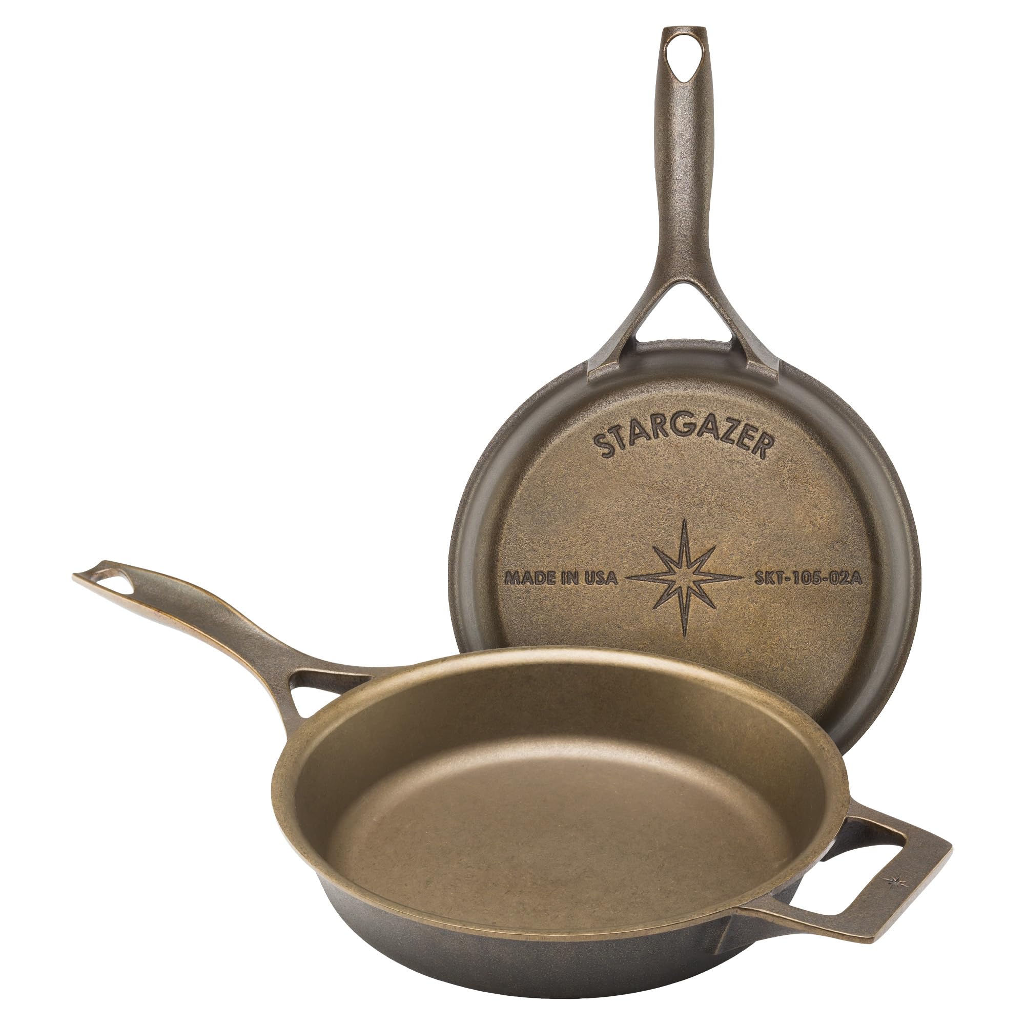 Stargazer Cast Iron Skillet, front view, smooth cooking surface for easy release.
