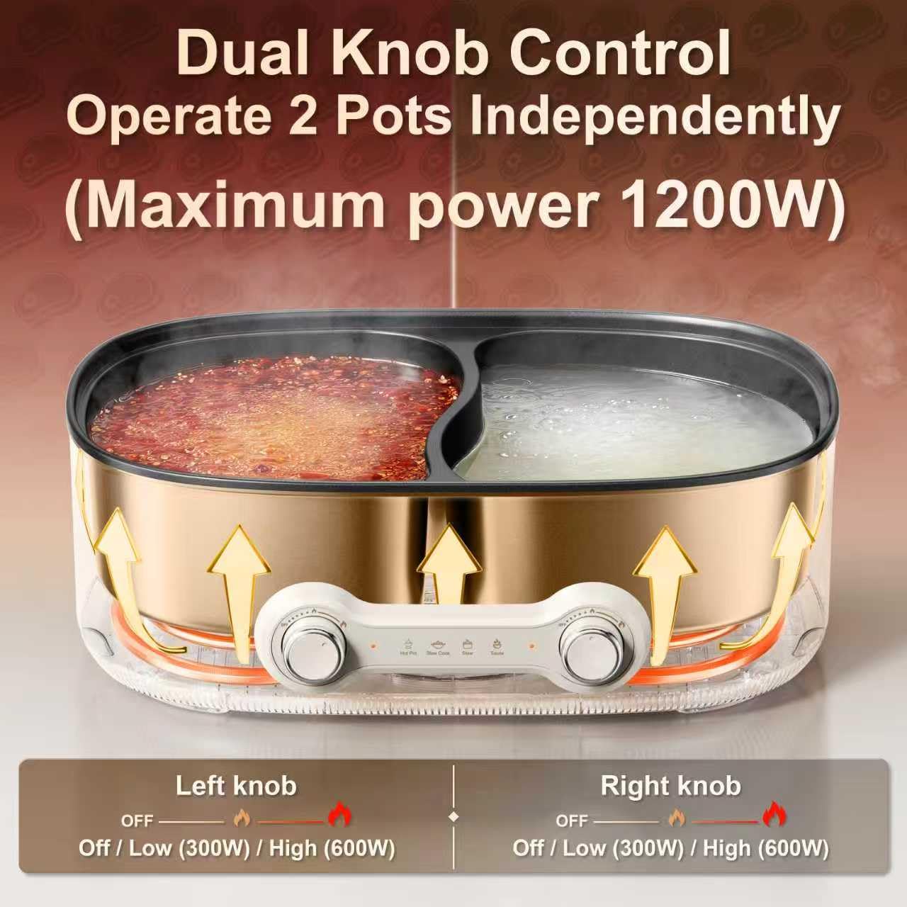 Stariver 1200W hot pot controls for precise simmering and rapid boiling during gatherings