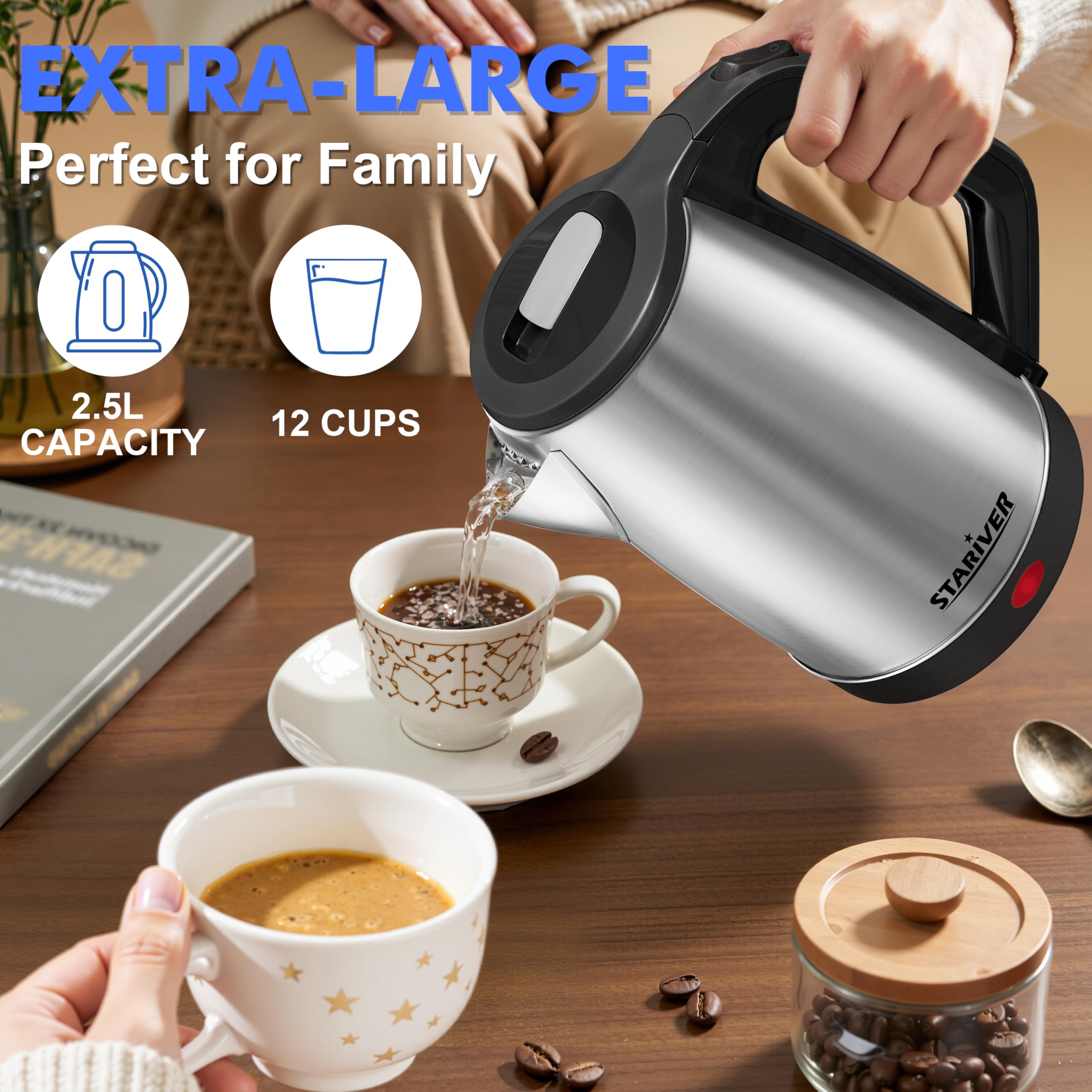 Stariver 2.5L kettle spout pour view shows smooth splash free pouring