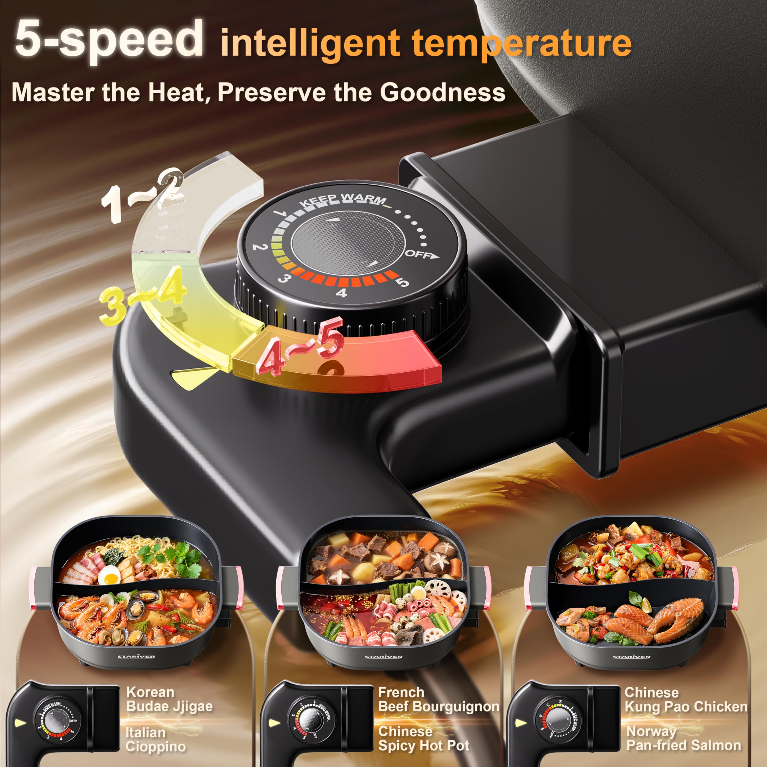 Stariver 5-temp control for simmering and boiling precision.