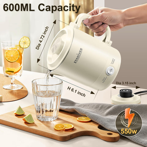 Stariver 600ml travel kettle shown in compact form for trips.