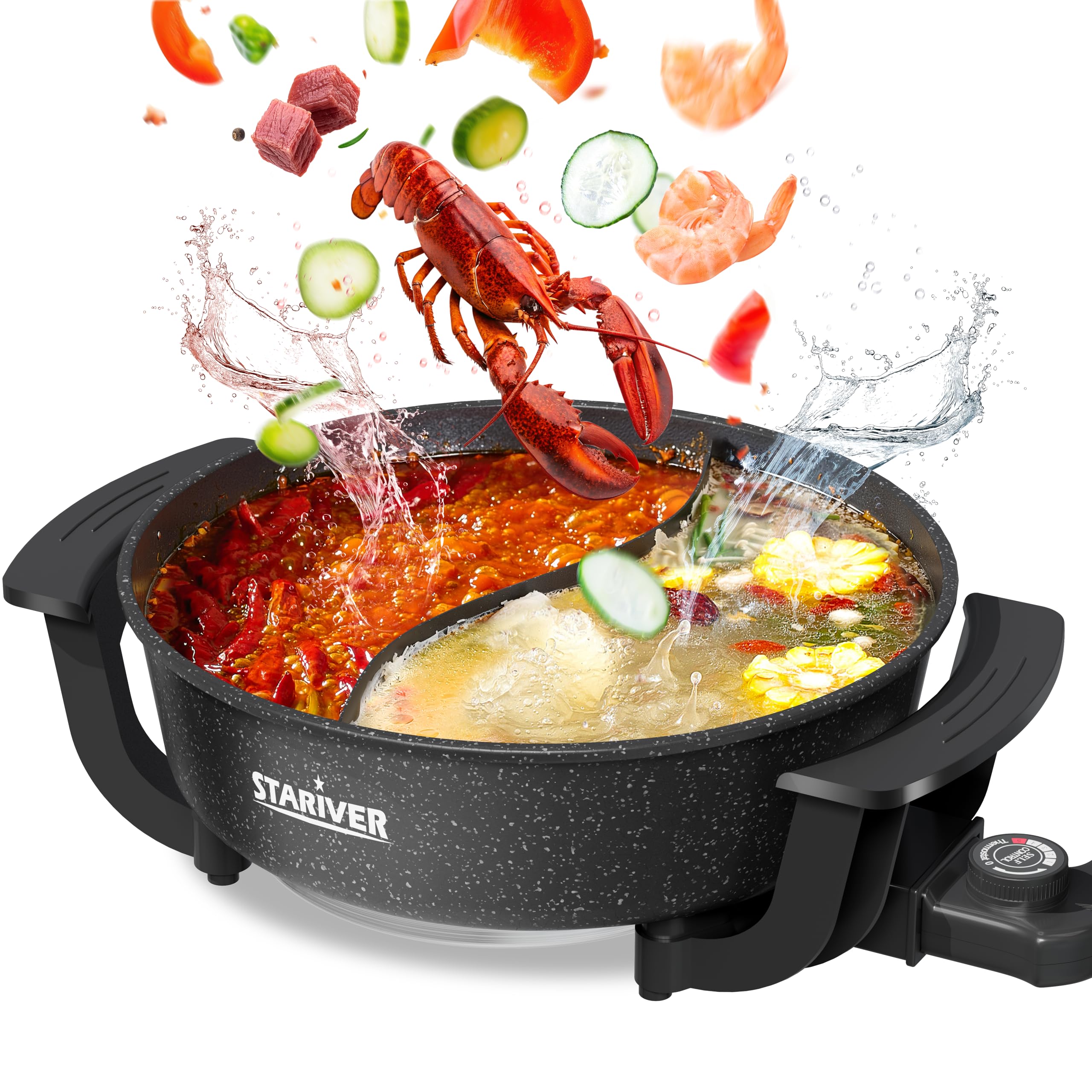 Stariver 6L electric hot pot with divider enabling dual flavors for a shared meal.