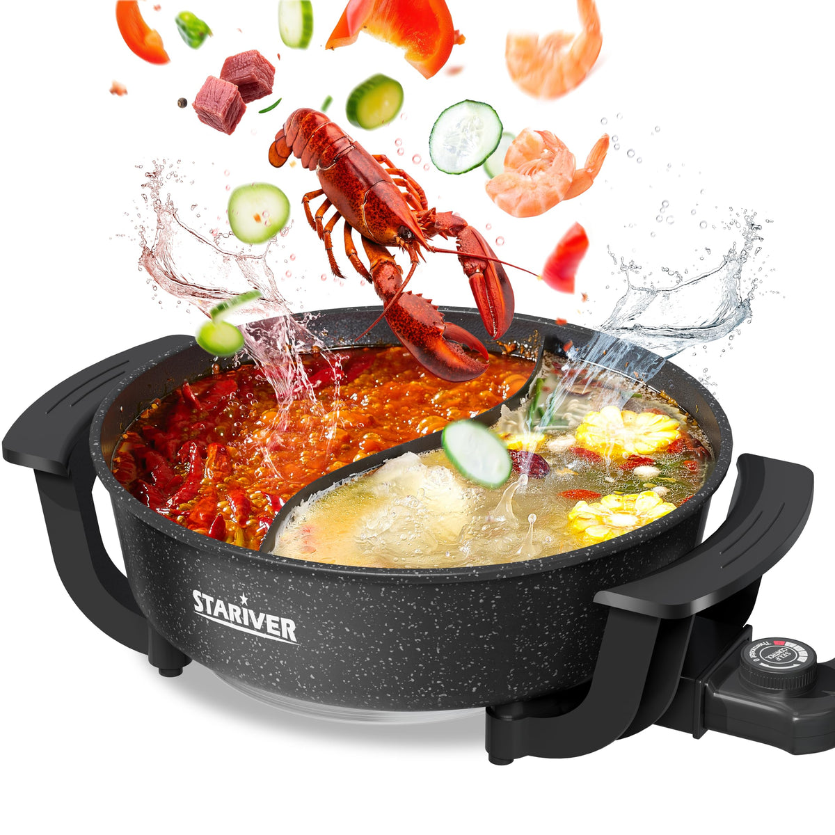 Stariver 6L electric hot pot with divider enabling dual flavors for a shared meal.