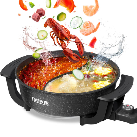 Stariver 6L electric hot pot with divider enabling dual flavors for a shared meal.