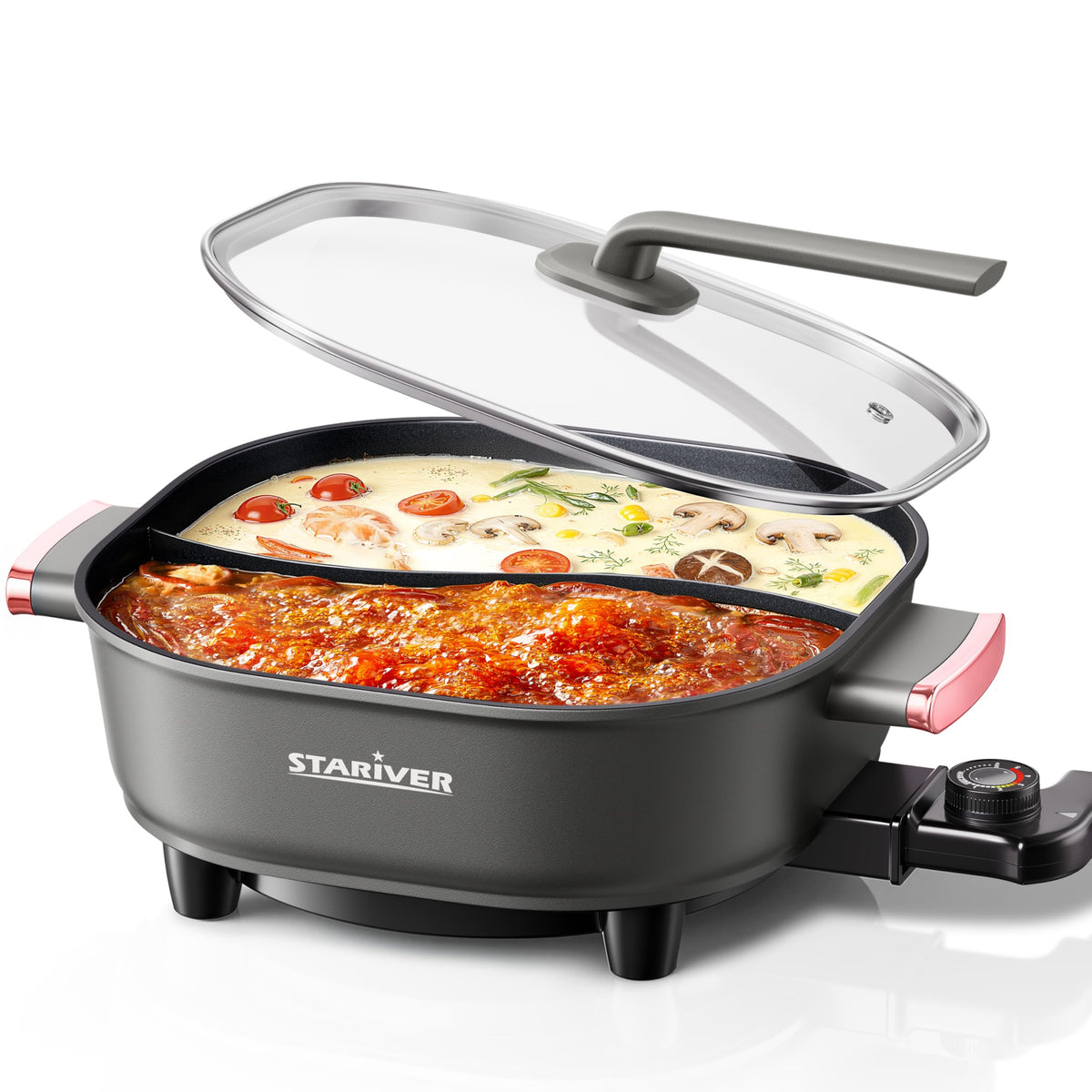 Stariver 6L hot pot divider enables two broths for group meals.