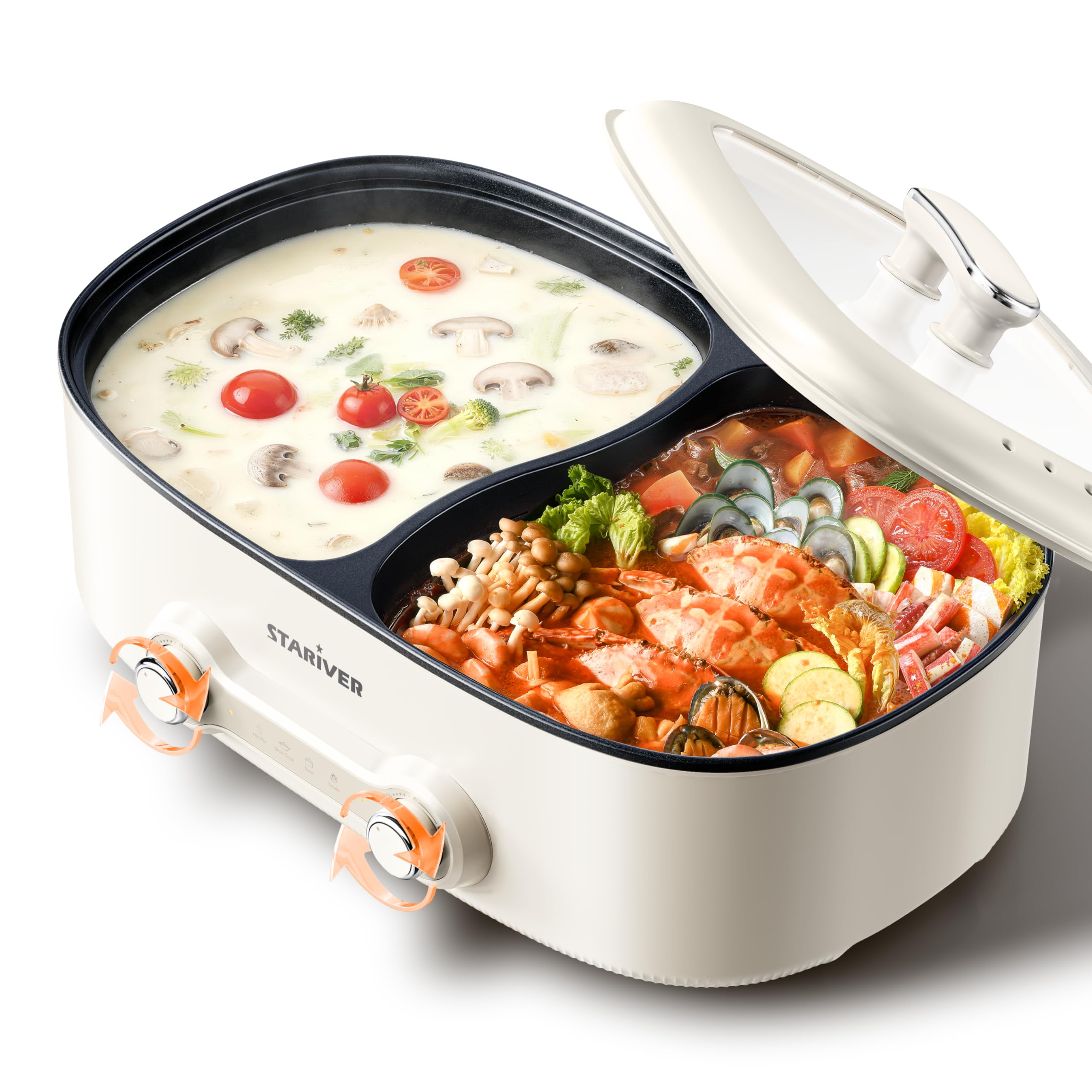 Stariver 7L dual-zone hot pot with divider keeps broths separate for mixed flavors