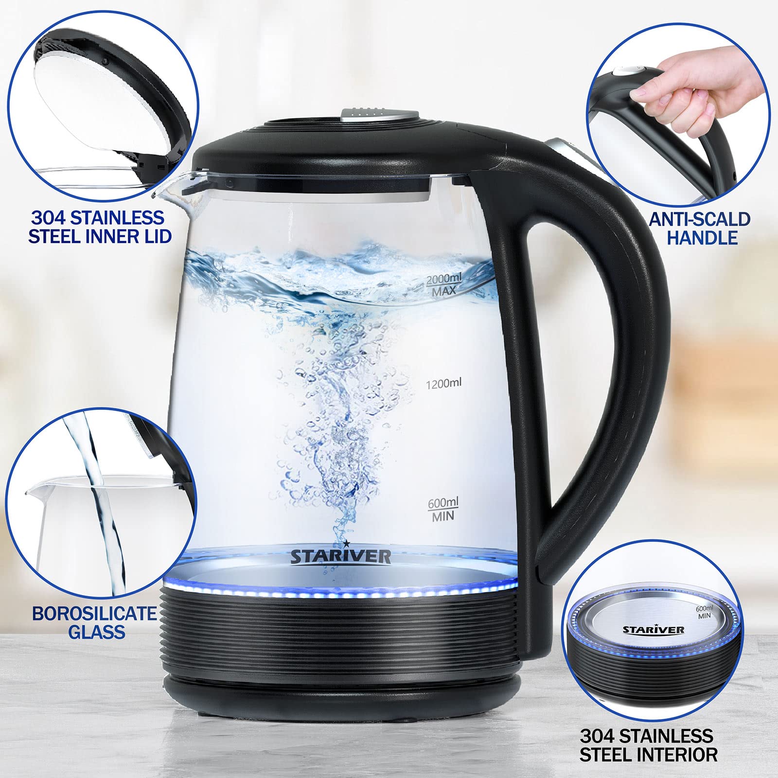Stariver Electric Kettle showing blue indicator light during heating for a stylish cue.