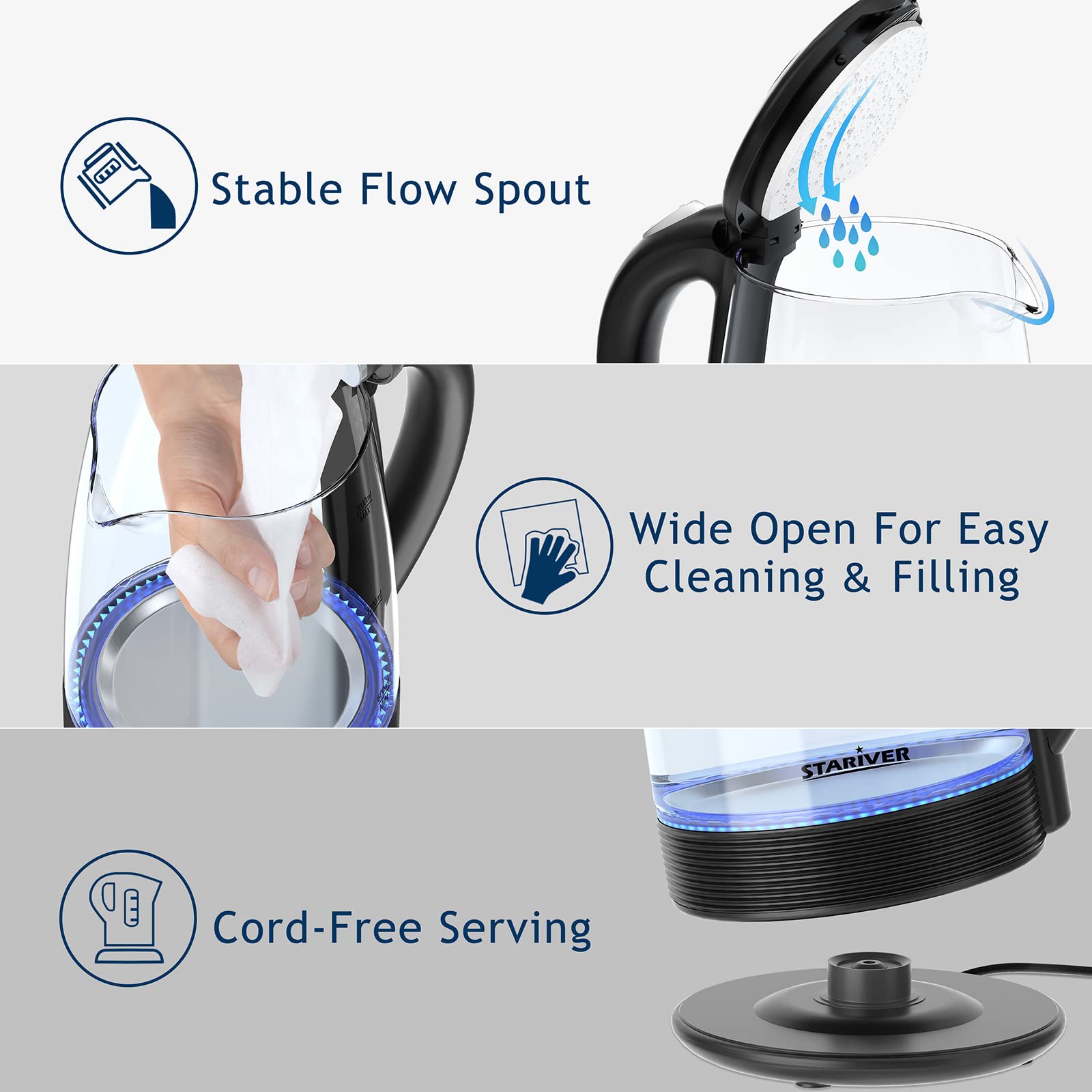 Stariver Electric Kettle stainless steel inner lid and bottom for a healthy, durable design.