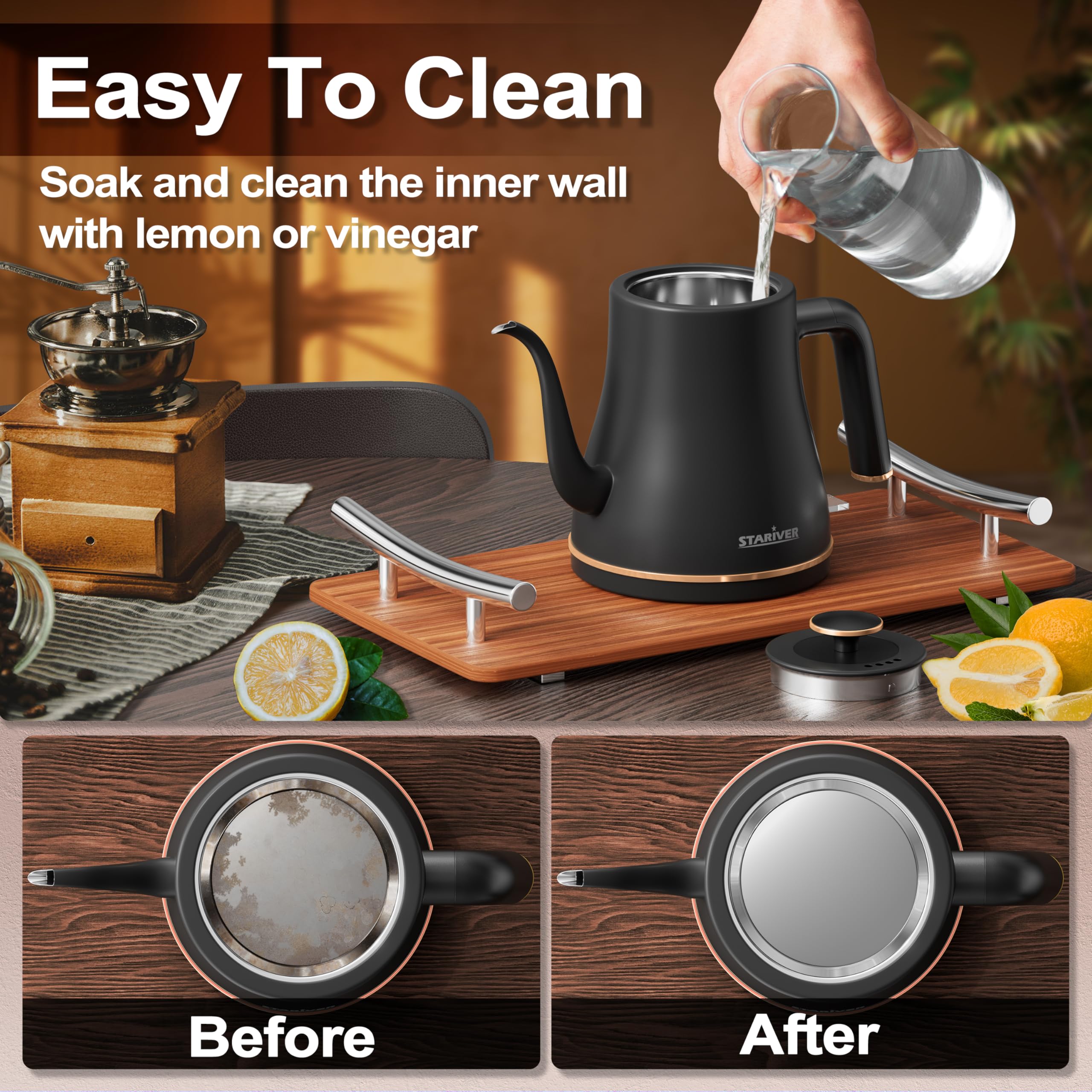 Stariver black-finish kettle compact design fits small kitchens and counters.