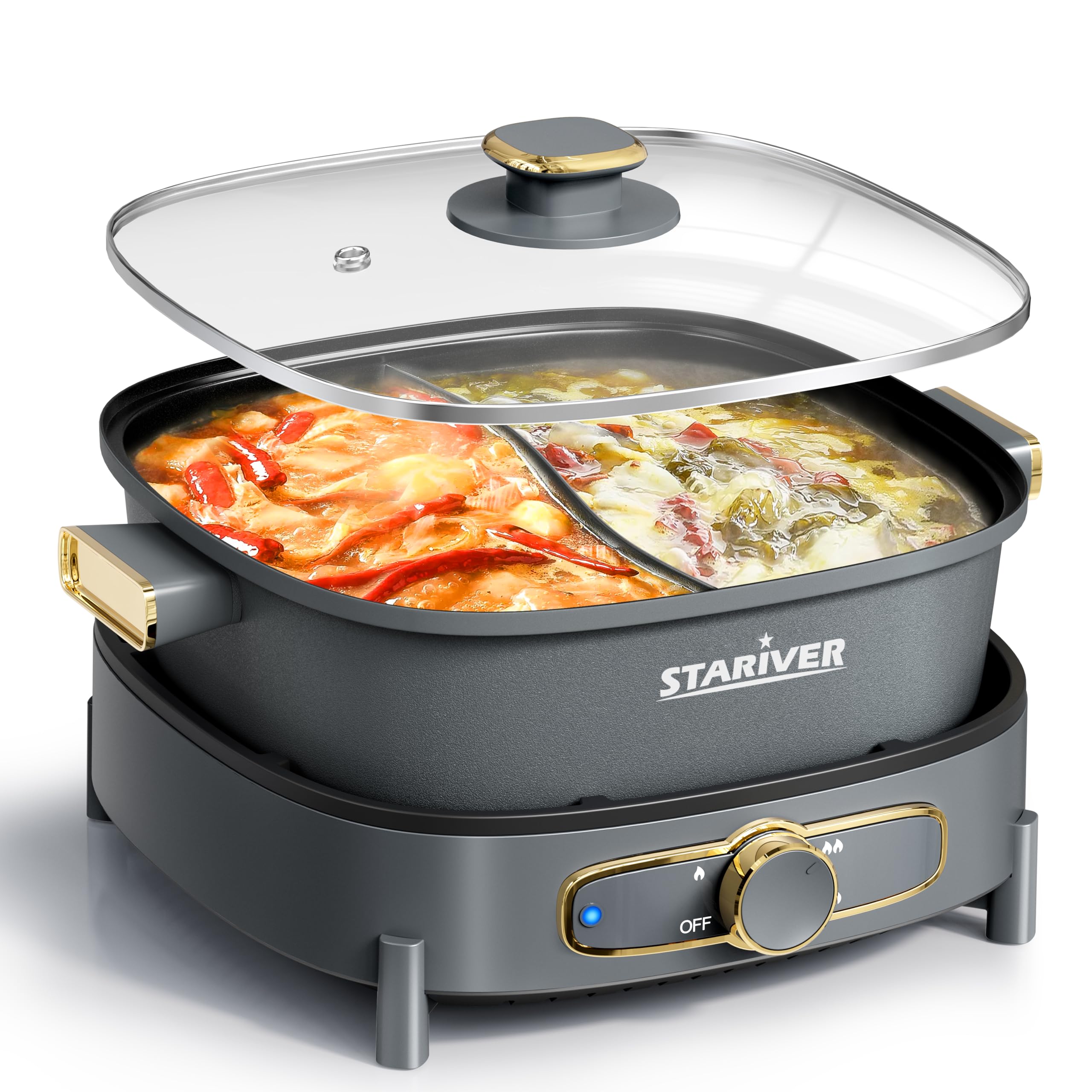 Stariver hot pot divider 6L square showing dual flavors for spicy and mild broths