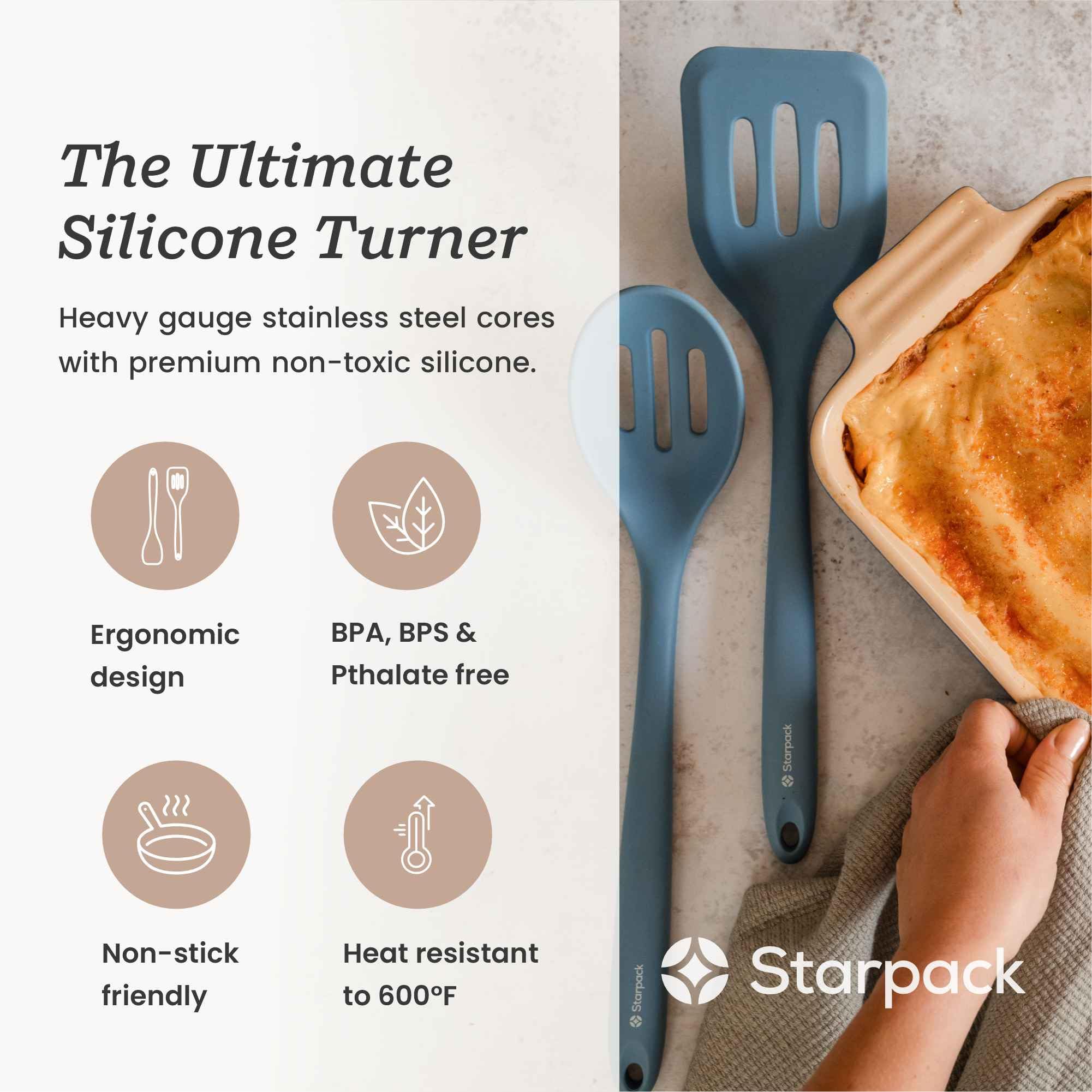 StarPack Home Head Turner spatula with slotted surface, drains fats while sautéing.