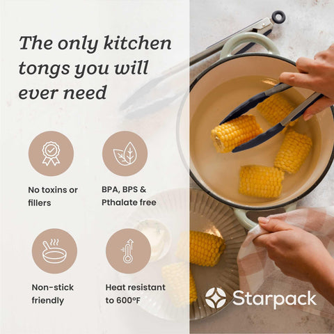 StarPack Home 12-inch tongs with nonstick silicone tips for versatile cooking.