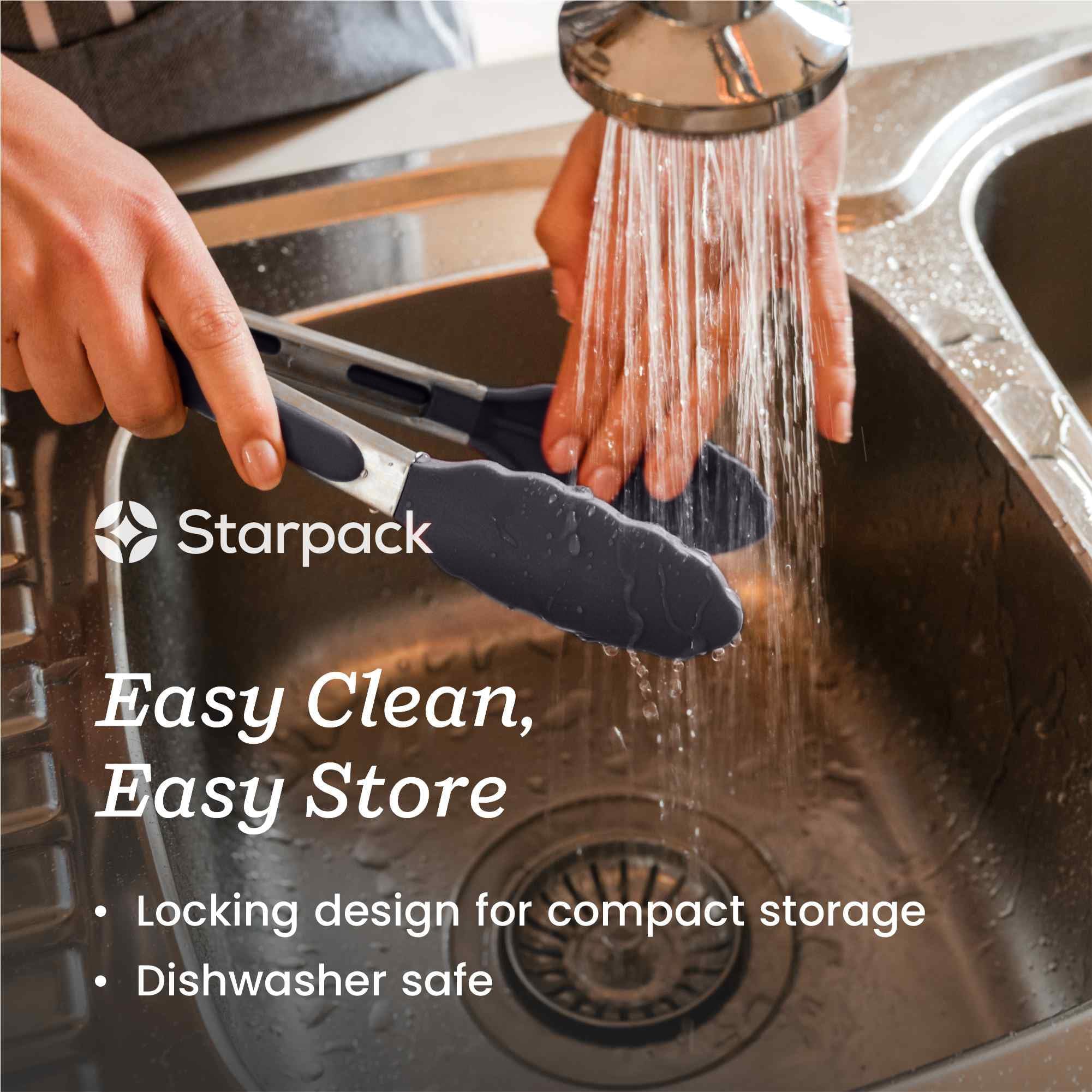 Stainless steel core StarPack Home tongs with durable silicone outer layer.