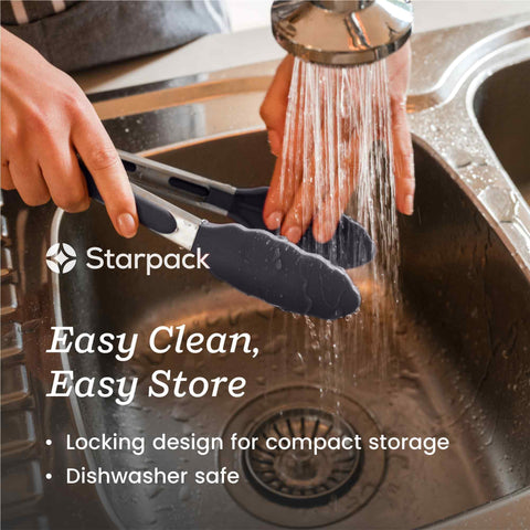 Stainless steel core StarPack Home tongs with durable silicone outer layer.