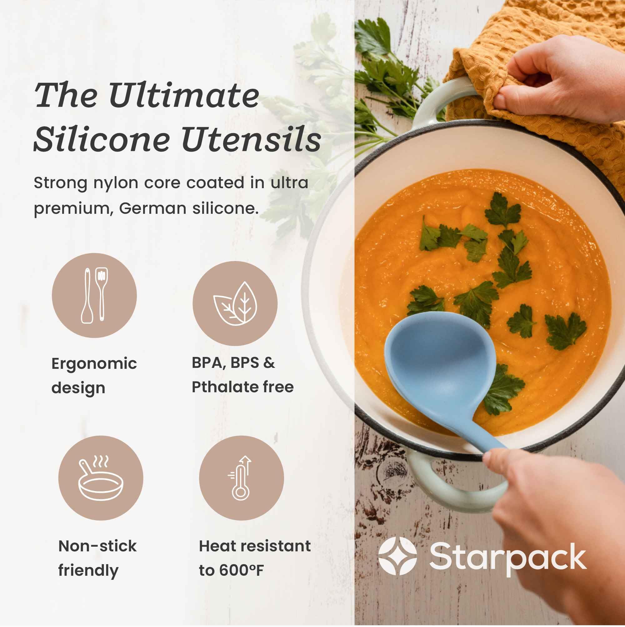 StarPack Stir and Serve rubber spoonula for mixing and scraping sauces.