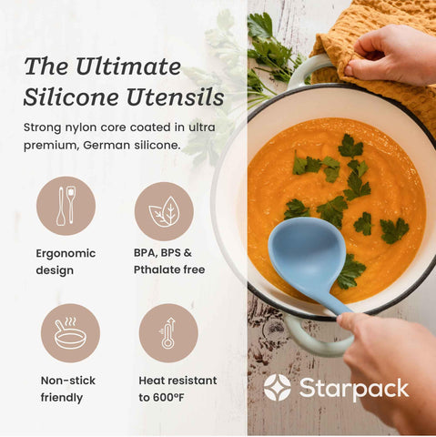 StarPack Stir and Serve rubber spoonula for mixing and scraping sauces.