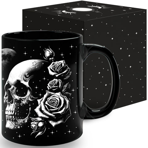 STARTER FLUID Roses and Skull Mug close view showing gothic design for Halloween vibes