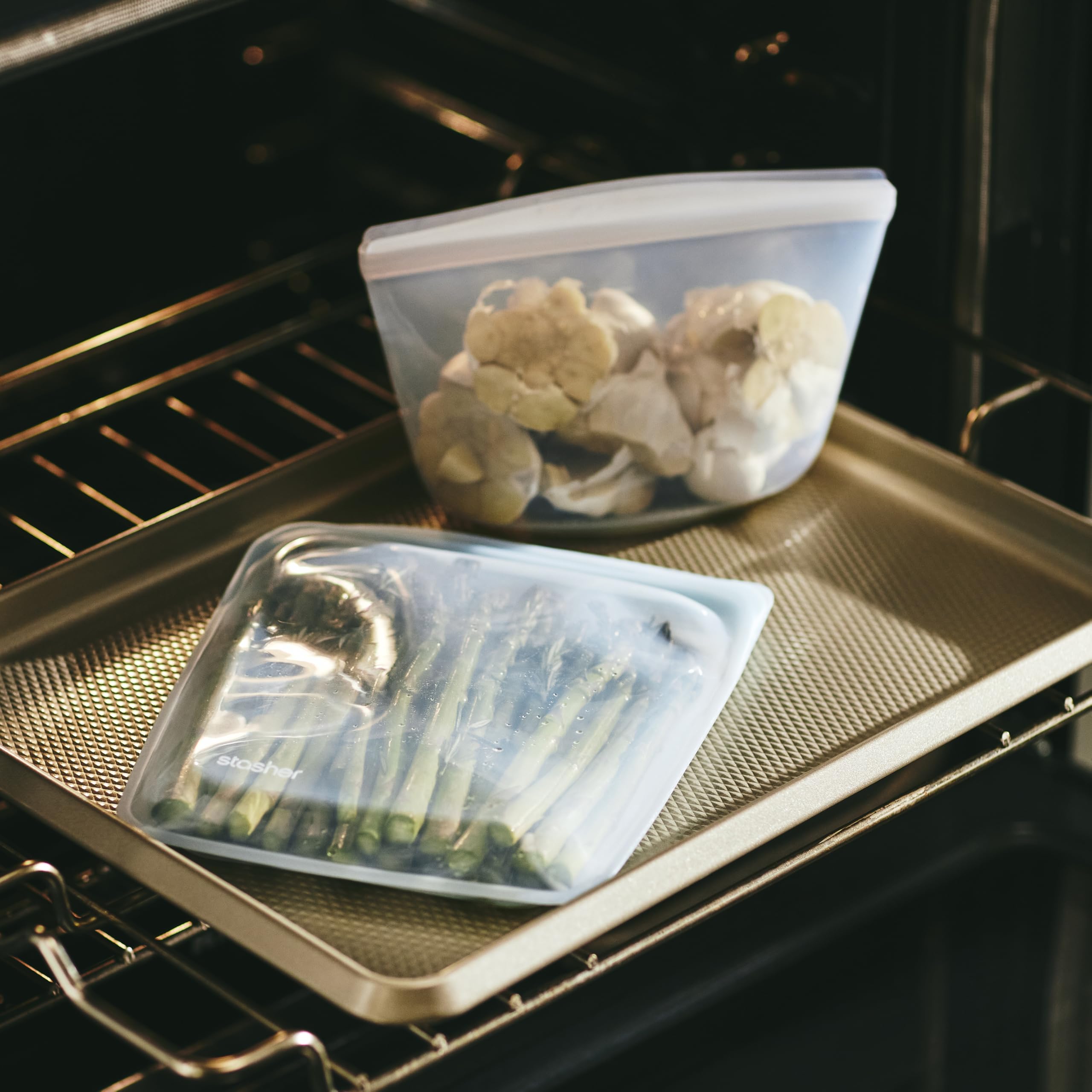 Stasher bag is dishwasher safe for easy cleanup.