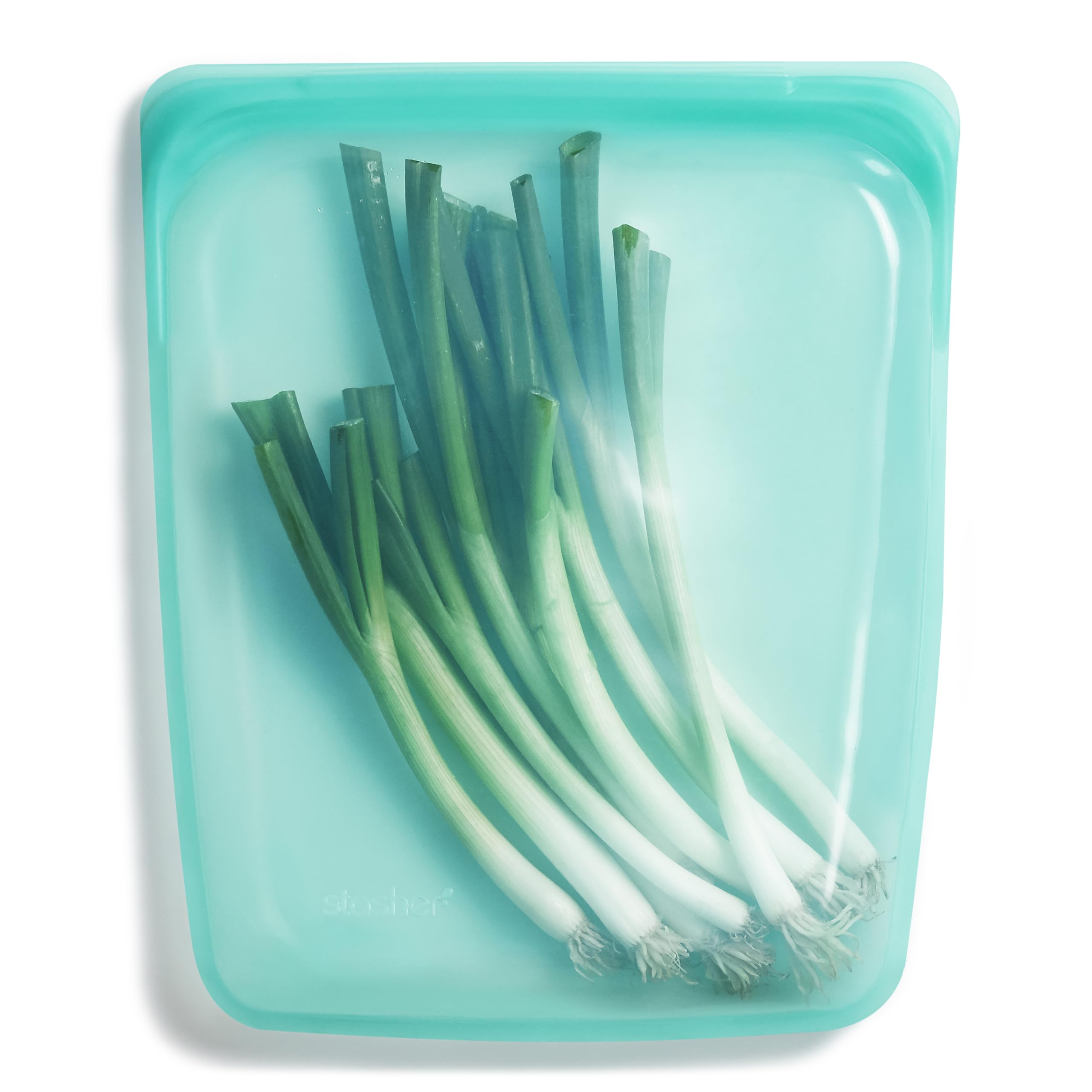 Stasher half-gallon bag Aqua, front view, leak-free reusable storage for meals.