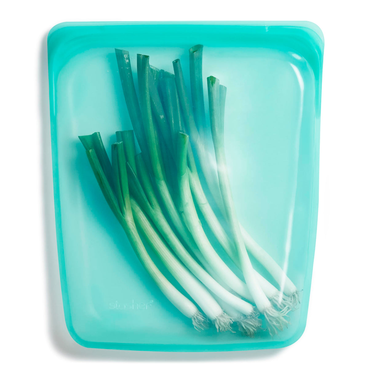 Stasher half-gallon bag Aqua, front view, leak-free reusable storage for meals.