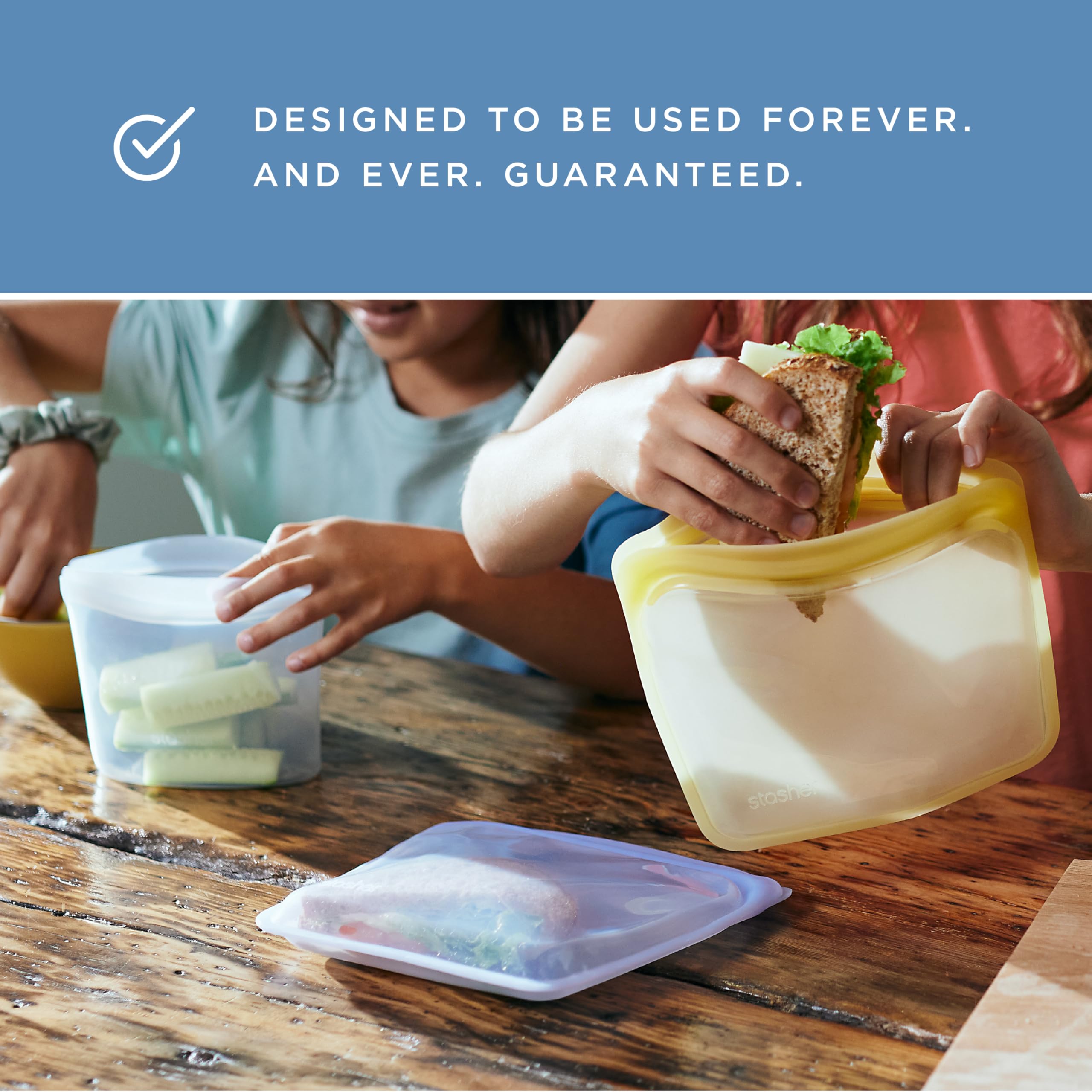 Stasher Aqua bag on kitchen counter for portable storage.