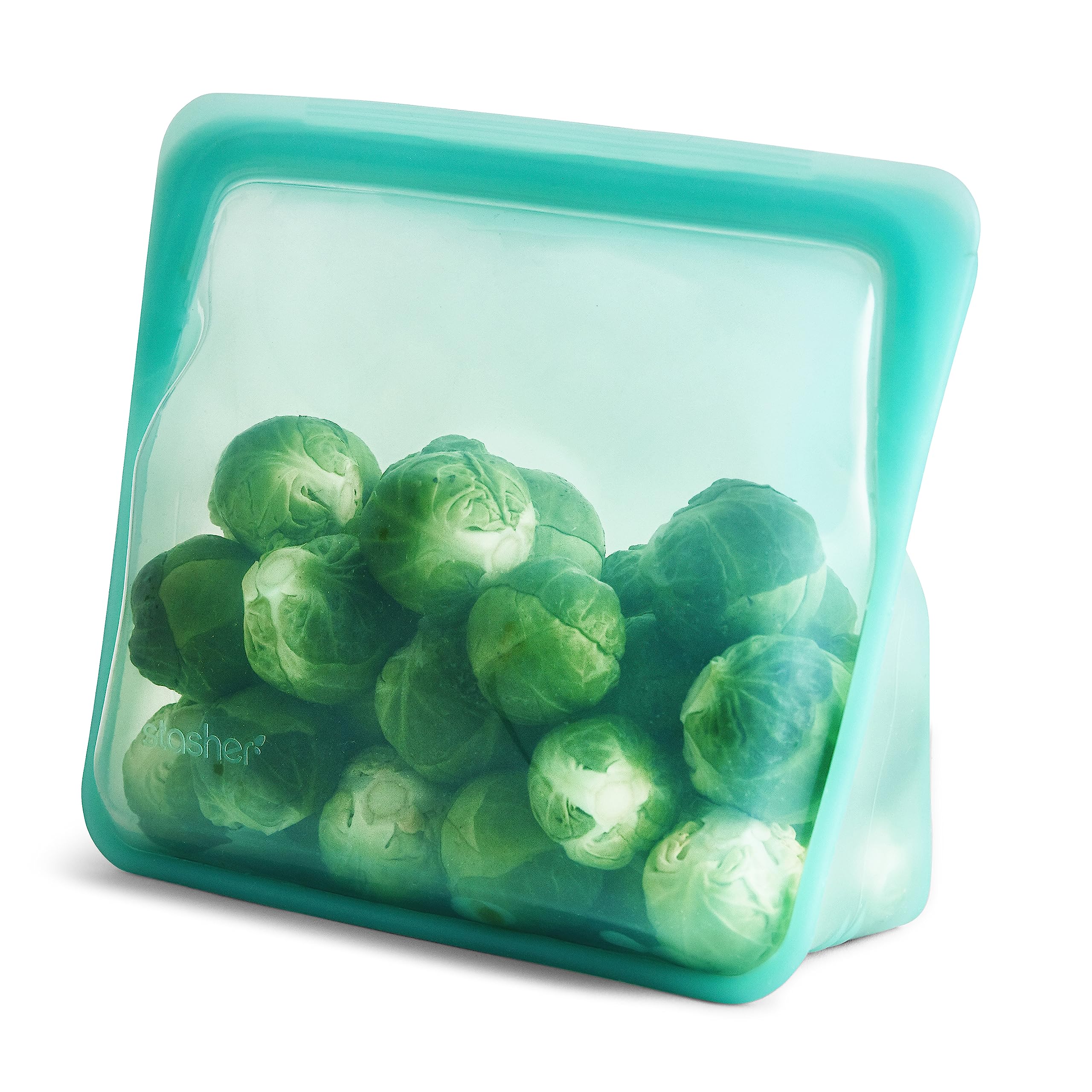 Stasher Premium Aqua Stand-Up Mid Bag 56oz demonstrates leak-free storage for bulky ingredients.
