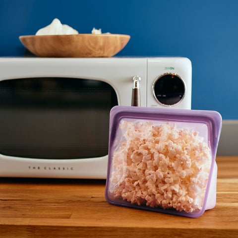 Stasher Premium Aqua Stand-Up Mid Bag for bulk freezer storage keeps contents organized.