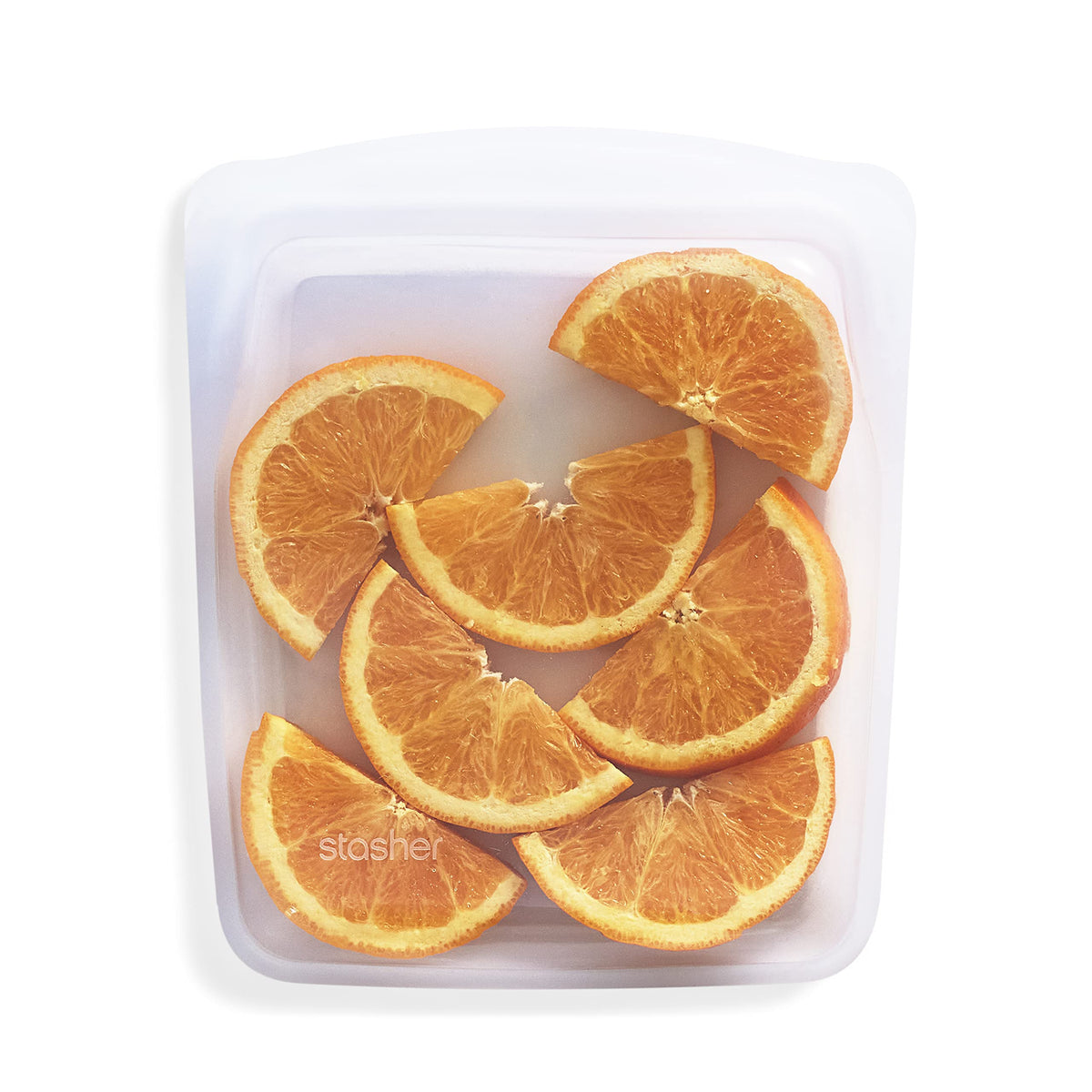 Stasher premium silicone quart bag, clear view for precise portioning and fridge storage.