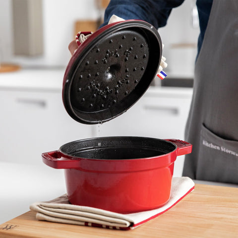 STAUB cocotte interior matte texture enhances browning and searing.