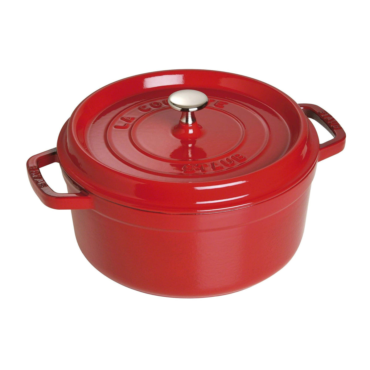 STAUB 4qt round cocotte with lid on shows cherry enamel and even heat distribution.