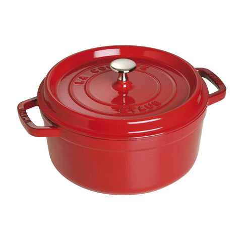 STAUB 4qt round cocotte with lid on shows cherry enamel and even heat distribution.