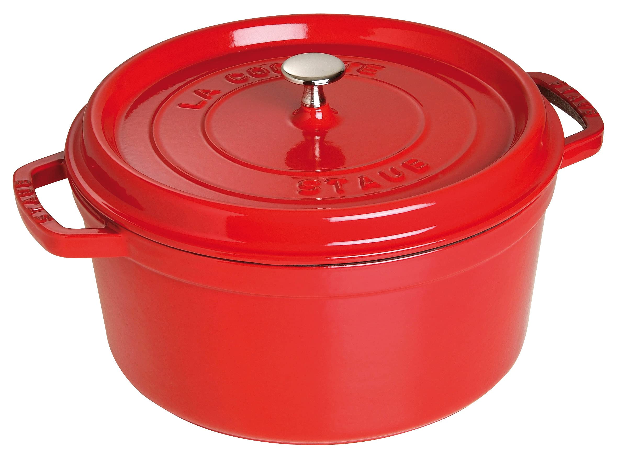 STAUB 7-qt cocotte body in cherry finish for even heat and tender results.