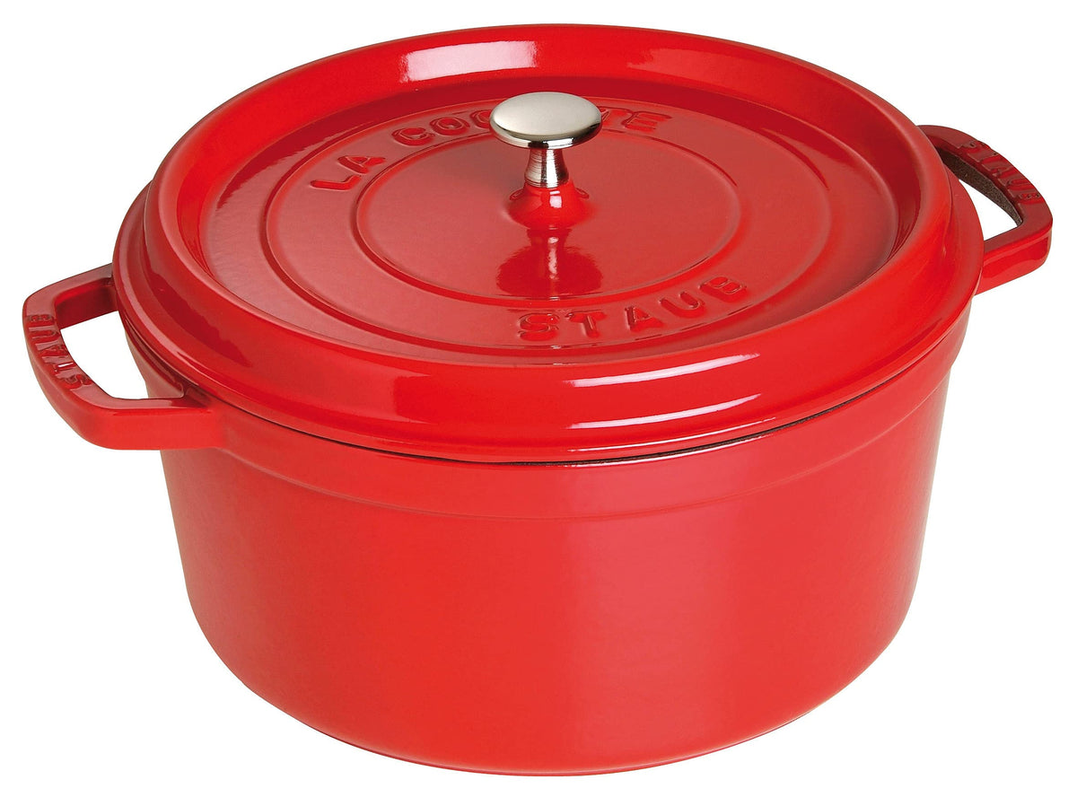 STAUB 7-qt cocotte body in cherry finish for even heat and tender results.