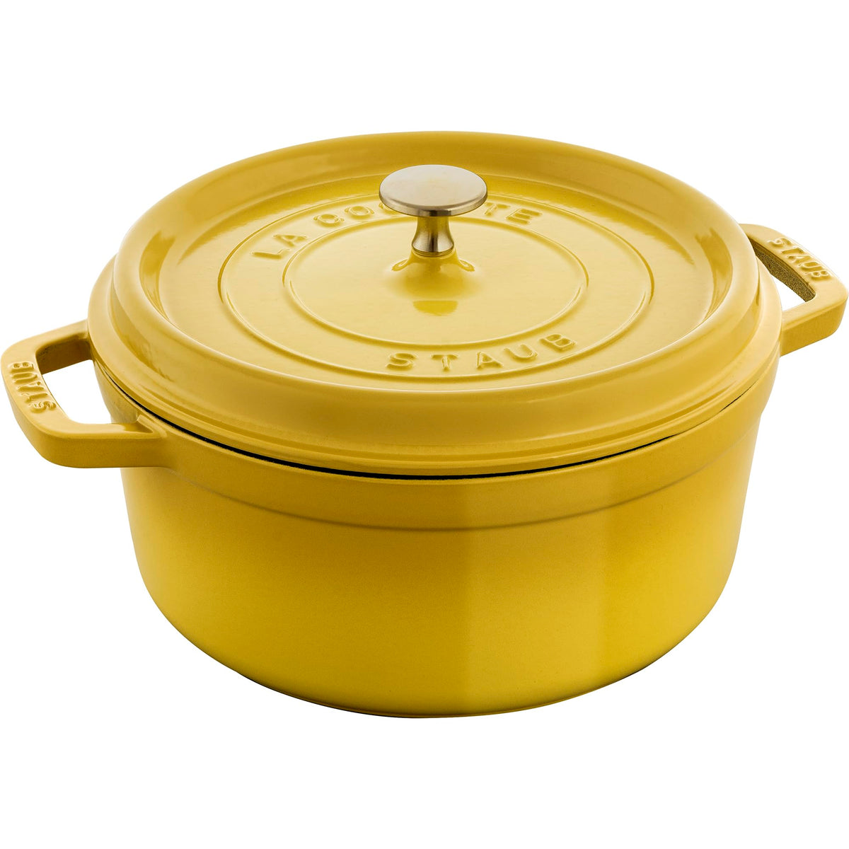 Staub cast iron 4-qt round oven citron closed lid preserves moisture for braises.