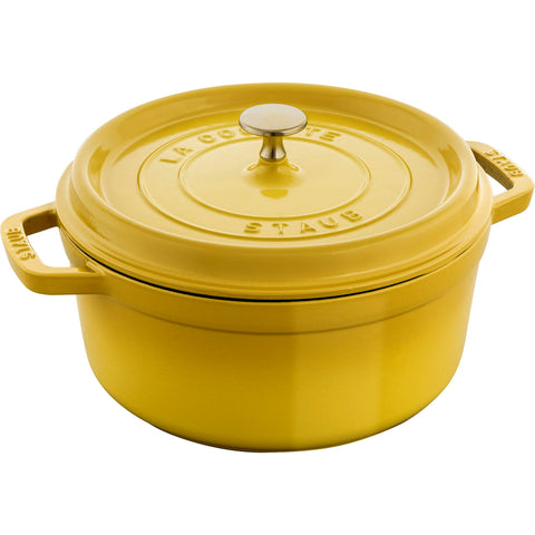 Staub cast iron 4-qt round oven citron closed lid preserves moisture for braises.