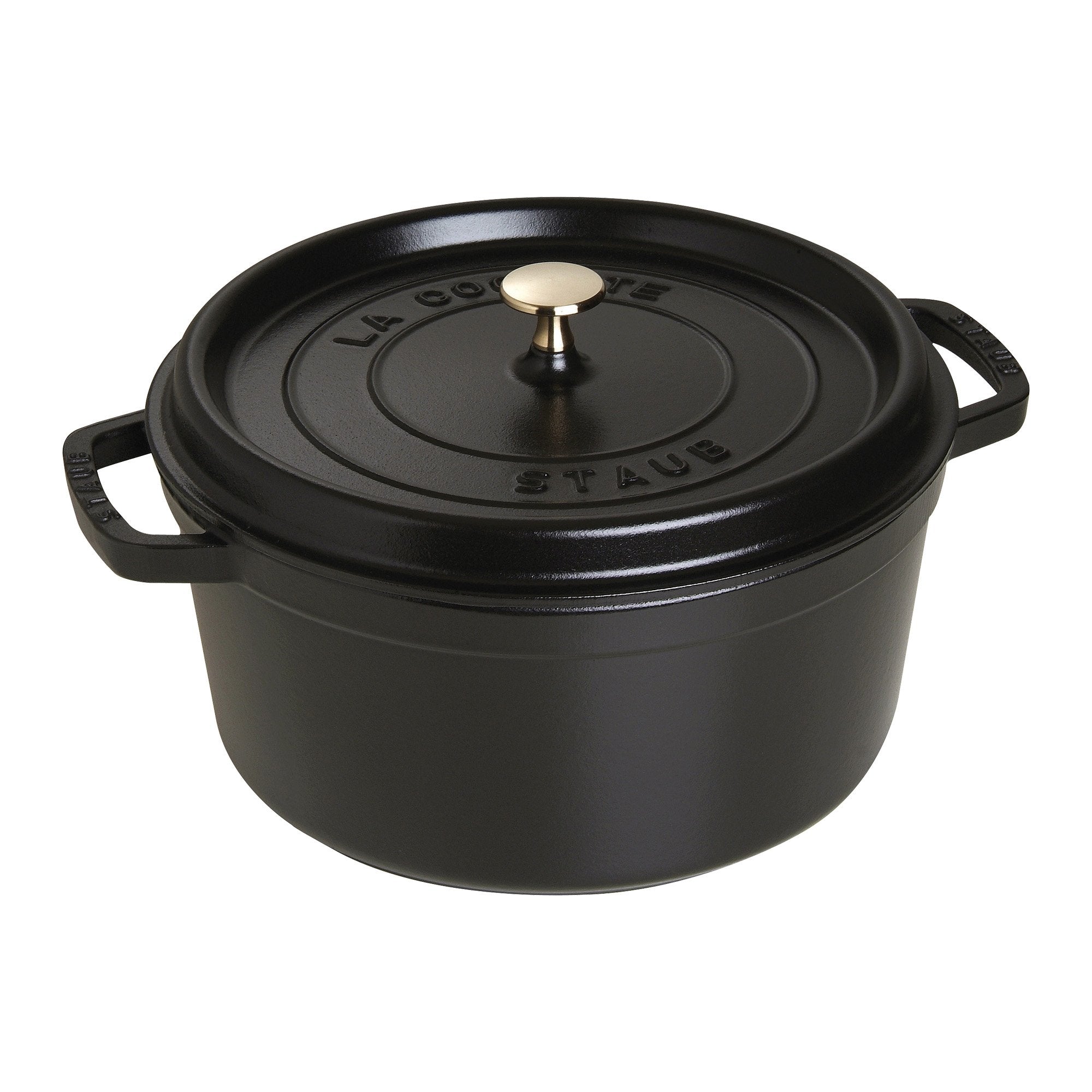 STAUB cast-iron Dutch oven 7qt round body highlights even heat for uniform cooking.
