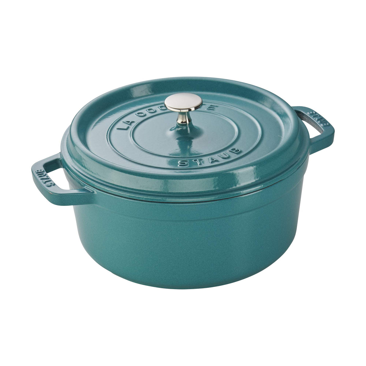 STAUB cast iron cocotte exterior in turquoise, ideal for versatile stovetop use