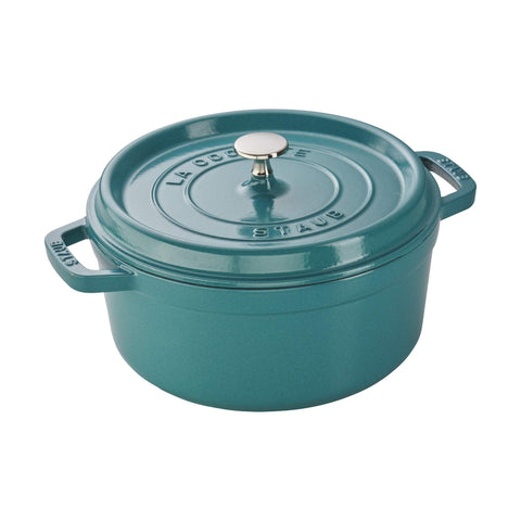 STAUB cast iron cocotte exterior in turquoise, ideal for versatile stovetop use