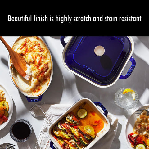 STAUB dark blue bakeware displayed on table for elegant presentation