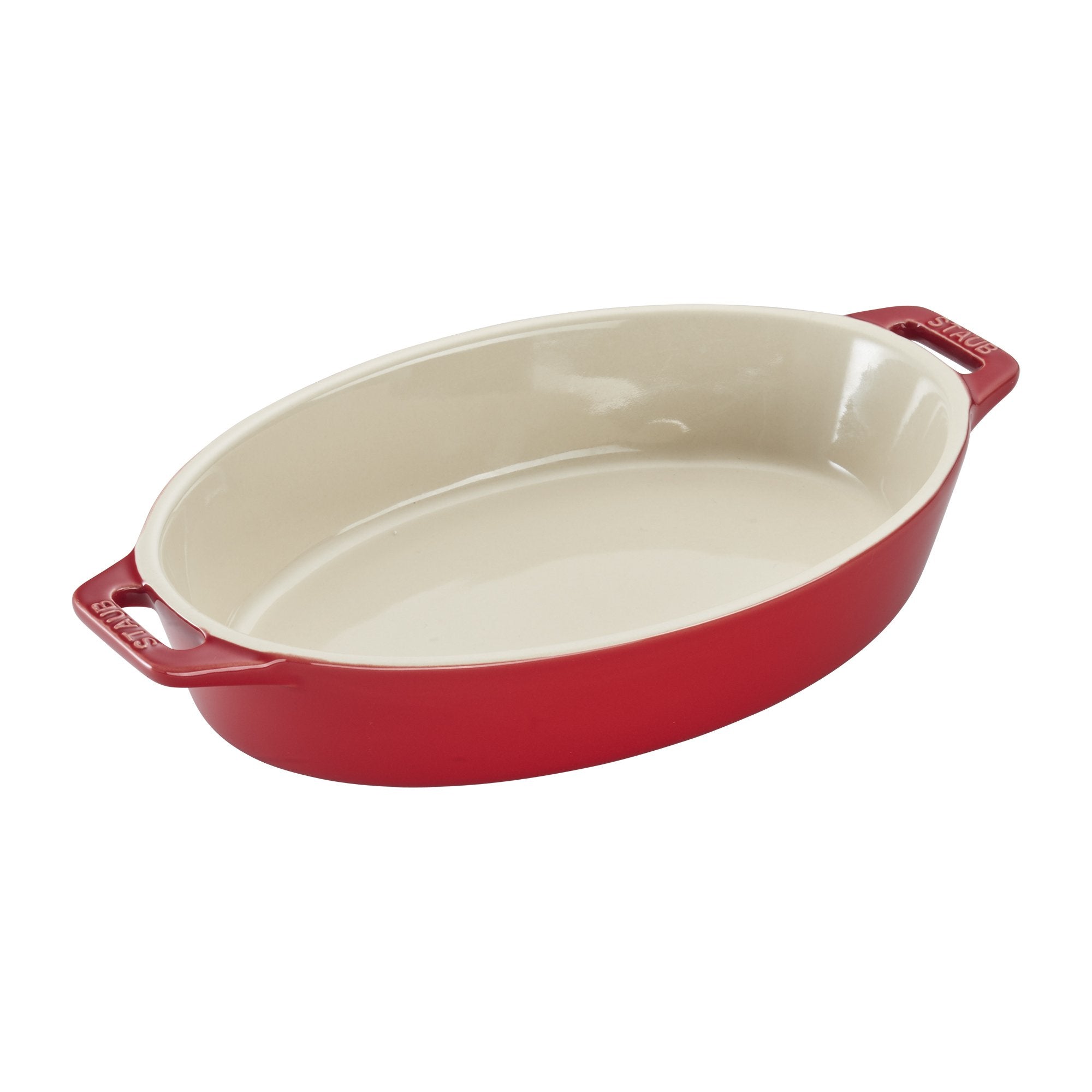 STAUB rectangular dish 7.5x6 inches with ergonomic handles.