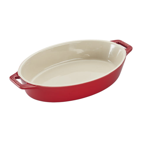STAUB rectangular dish 7.5x6 inches with ergonomic handles.