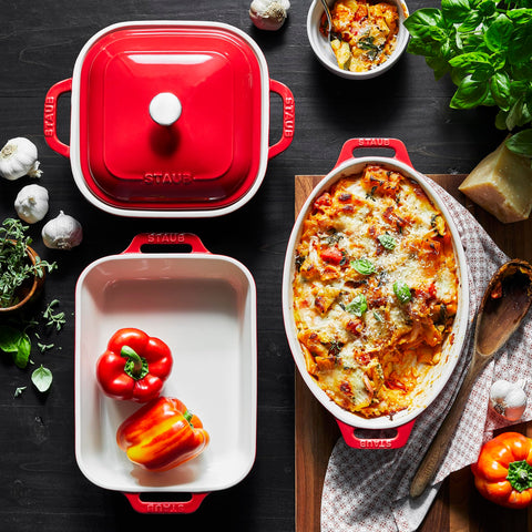 STAUB square 9x9 baker with lid, keeps heat for serving.