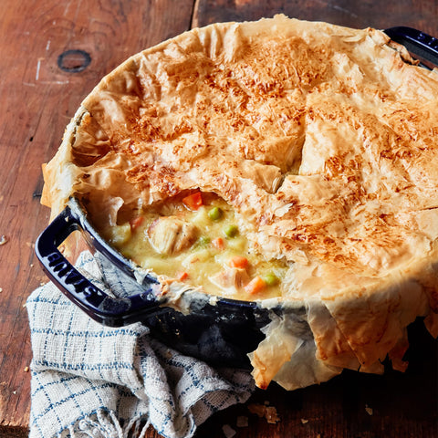 Staub cocotte promotes browning and braising for flavorful meals.