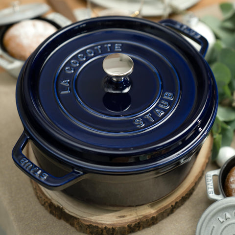 Staub cocotte brings table-ready presentation with elegant enamel finish.