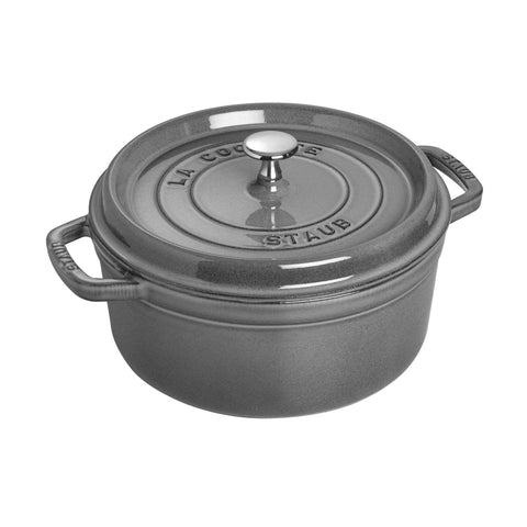 Staub graphite grey Dutch oven 4qt front view shows even heat and durable enamel.