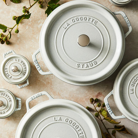 Made in France STAUB cast-iron cocotte supports slow cooking.