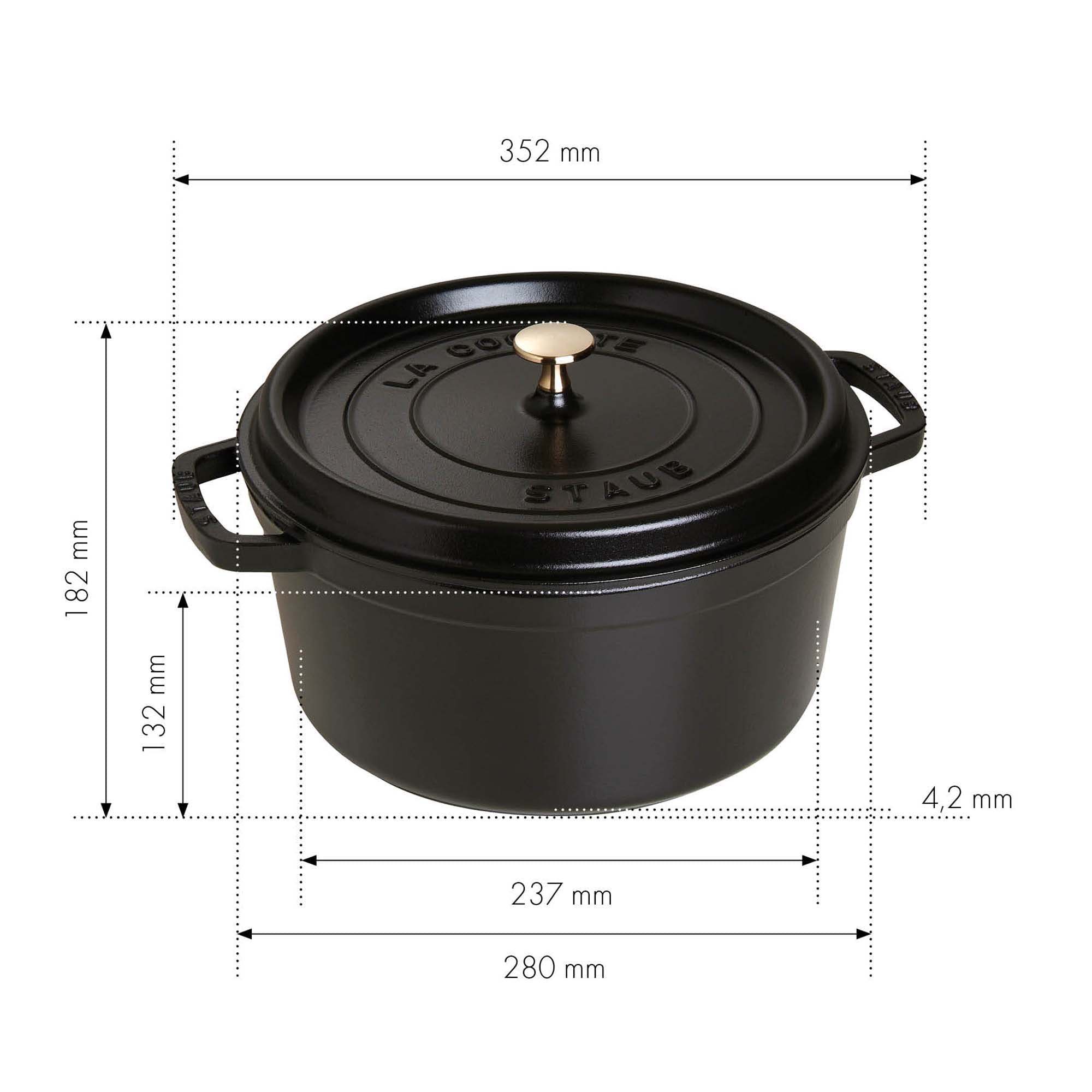 STAUB lid close-up shows high-heat tolerance up to 500F for versatile cooking.