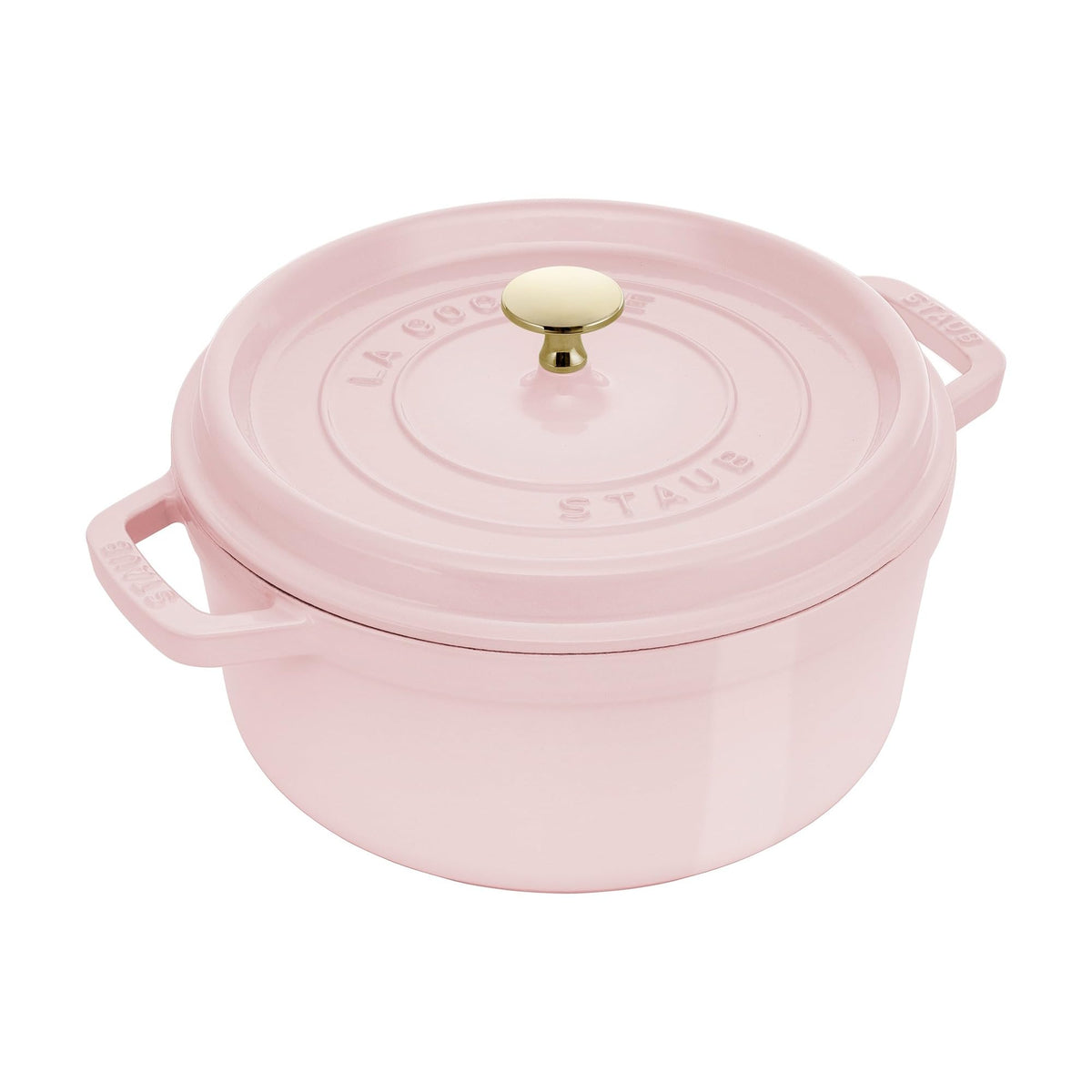 Staub Peony Pink Dutch Oven top view highlights premium cast iron for even heating.