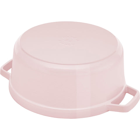 Staub Peony Pink oven-safe up to 900°F showcases high-heat cooking versatility.